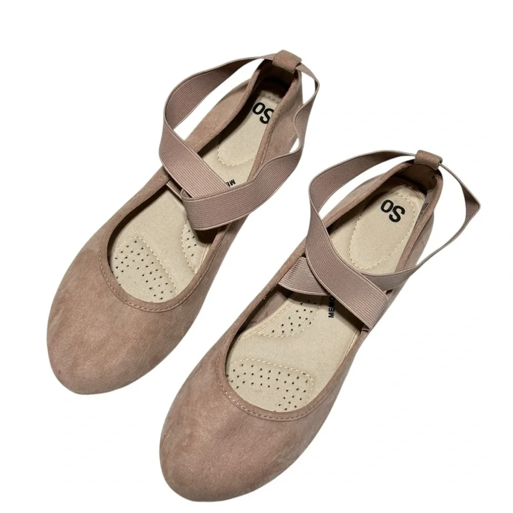 👉 SO Womens Ballet Flats Seadragon Blush Size 8.5 Nude Cross Strap Slip-On Shoes
